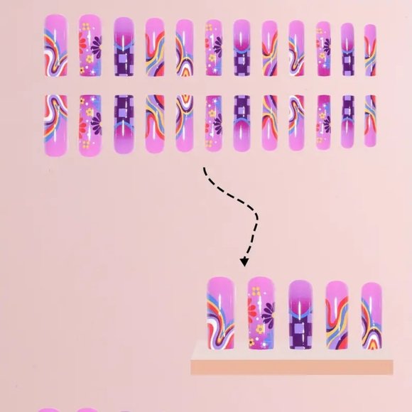 24pcs Glossy Purple Fake Nails with Cute Flower Checkerboard and Rainbow Swirl - Picture 5 of 6